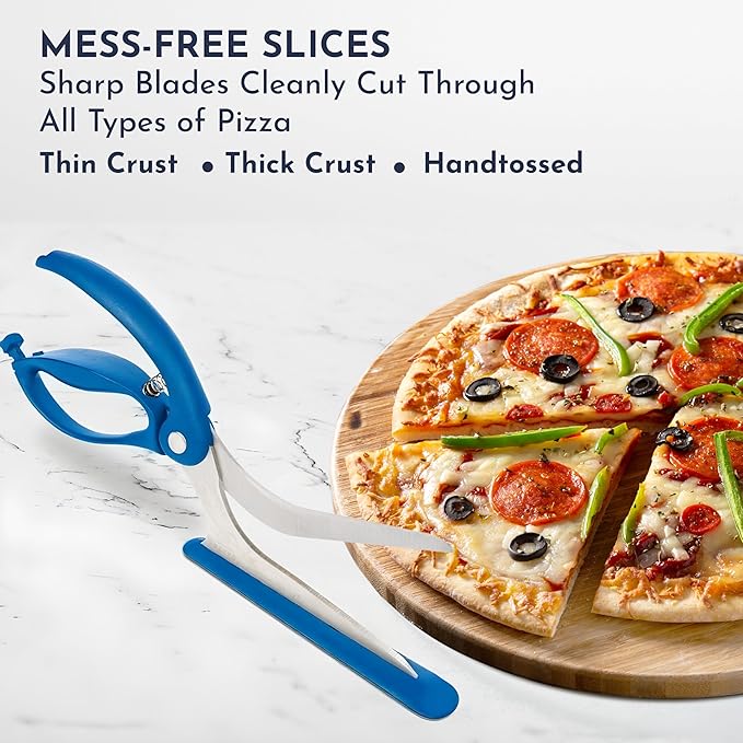 Loftern Blue Pizza Scissors - Non-Stick Pizza Scissors with Firm Grip Base - Food Grade Stainless Steel Pizza Cutter - 5-in-1 Food Slicer & Pizza Server - Durable, Safe & Mess Free