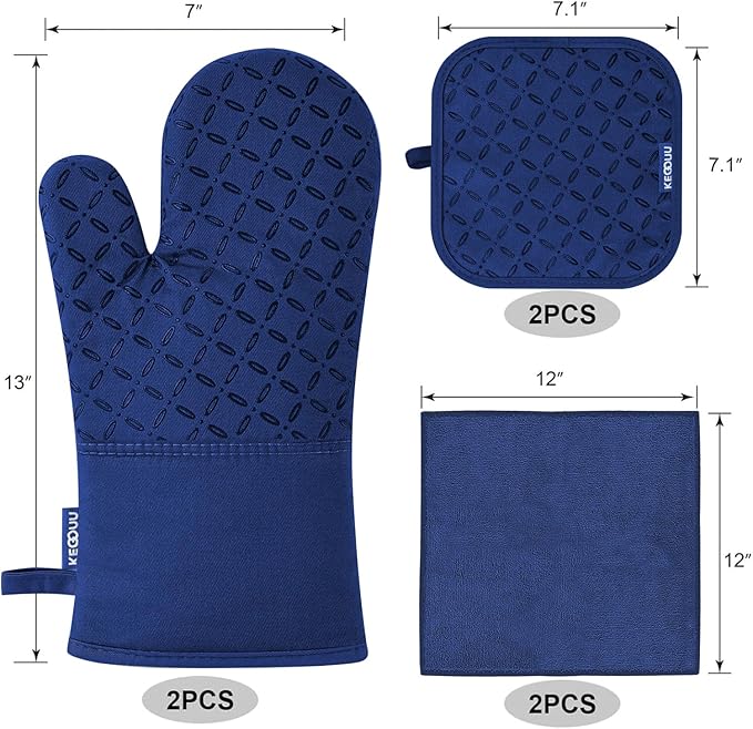 KEGOUU Oven Mitts and Pot Holders 6pcs Set, Kitchen Oven Glove High Heat Resistant 500 Degree Extra Long Oven Mitts and Potholder with Non-Slip Silicone Surface for Cooking(Marine Blue)