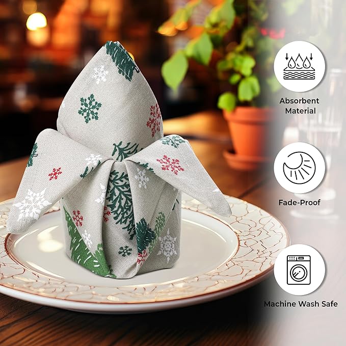 Urban Villa Christmas Cloth Napkins Green Trees Print Set of 12 100% Cotton Absorbent Dinner Napkins (20X20 Inches)Over Sized Soft Durable Reusable Washable Ideal for Home Wedding Parties Everyday use