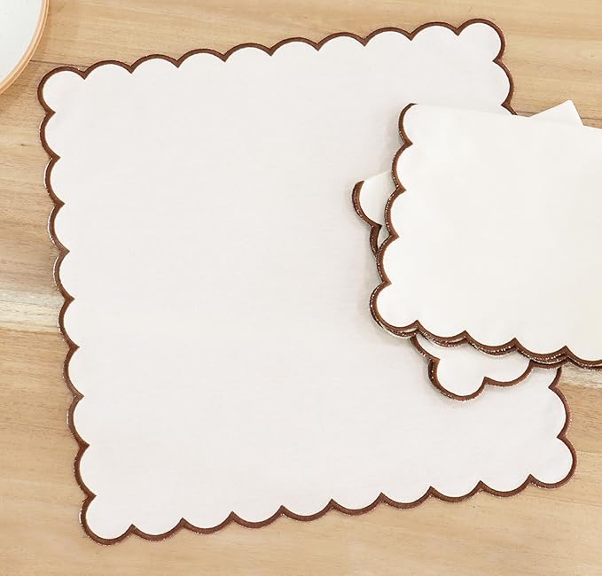 PurpleEssences Scalloped Embroidery Cloth Napkins Christmas Holiday Winter Table Decor 100% Cotton Set of 4-18 x 18 inch - Beige - Edges - Brown