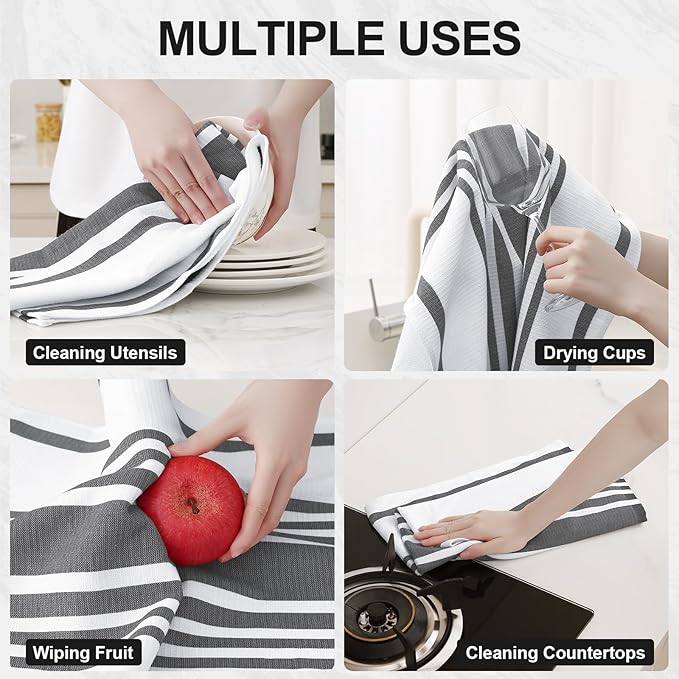 Homaxy Premium Kitchen Towels 18”x 28”, Large Cotton 380 GSM Kitchen Hand Towels, Stripe and Terry Dish Towel, Highly Absorbent Tea Towel Set with Hanging Loop, 8 Pack, Black