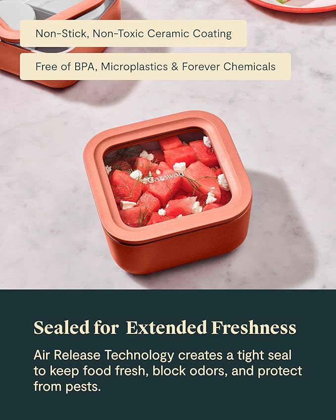 Caraway 2pc Glass Food Storage Set - 4.4 Cup Food Containers (2) - Ceramic Coated - Non Toxic, Non Stick Lunch with Lids - Dishwasher, Oven, & Microwave Safe - Cream