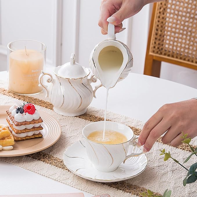 Tea Cups Set Of 6, Tea Cup And Saucer Set,6oz for Tea,Coffee, Latte, Cafe Mocha, Porcelain Tea Party Set (White with gold thread set of 6)