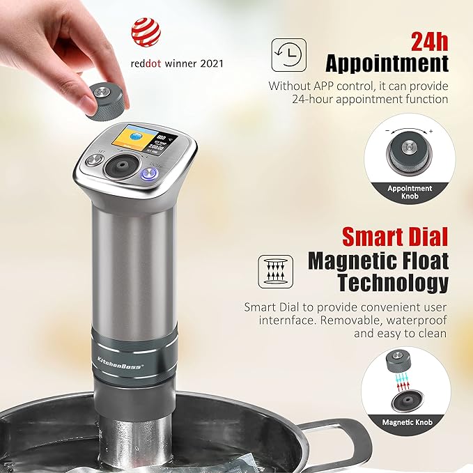 KitchenBoss Sous Vide Cooker Machine: Ultra-Quiet Built-in TFT Recipes IPX7 Waterproof Circulator Cooker Brushless DC Motor 1100 Watts Immersion Circulator Sous Vide Cooking Machine G320, Silver