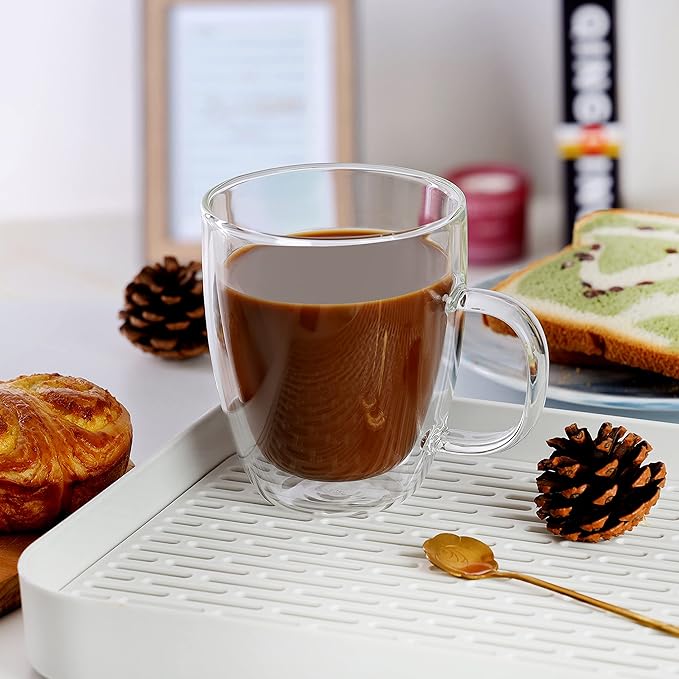 CNGLASS Large Glass Coffee Mugs 17oz,Double Walled Insulated Clear Coffee Cups with Handle,Clear Espresso Mugs for Cappuccino,Latte,Tea Bags,Hot and Cold Beverages,Set of 4