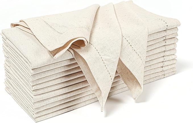 Hausattire Cloth Dinner Napkin Flax Fall Hemstitched Mitered Corner 20x20 Inch Natural Thanksgiving Decorative Soft Durable Table Linen Napkins Ideal for Halloween, Christmas, Cocktail Parties