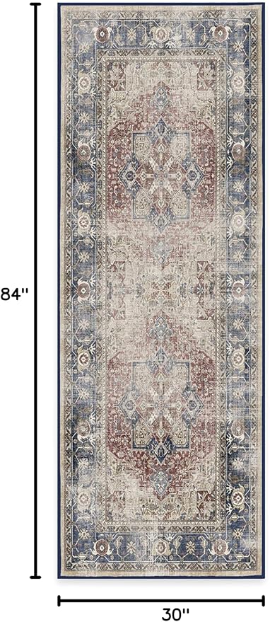 RUGGABLE Washable Vintage Runner Rug – Kamran Royal Blue 2.5x7, Stain-Resistant, Non-Slip Hallway Runner – Machine Washable Rug for Hallway, Entryway, Living Room & Kitchen–with Cushioned Pad