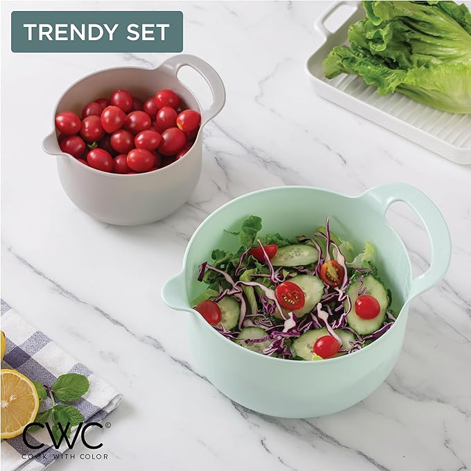 COOK WITH COLOR Nesting Plastic Mixing Bowl Set with Pour Spouts and Handles, Ombre Mint, 4 Piece Non-Slip