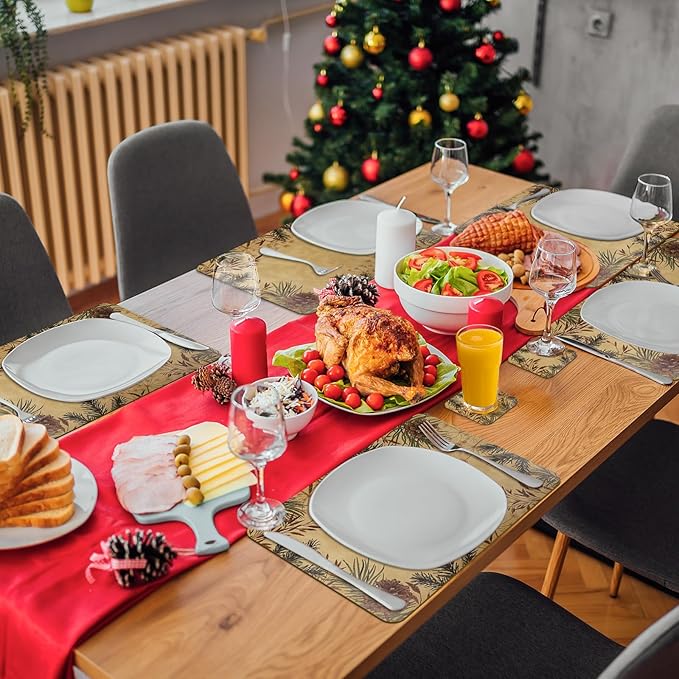 Le courant 16.9in 6PACK Christmas Pinecone Placemats with 6 Coasters, Reversible Faux Leather Easy Clean Waterproof Stain Resistant Place Mats, for Home Party Dining Holiday Table Decor
