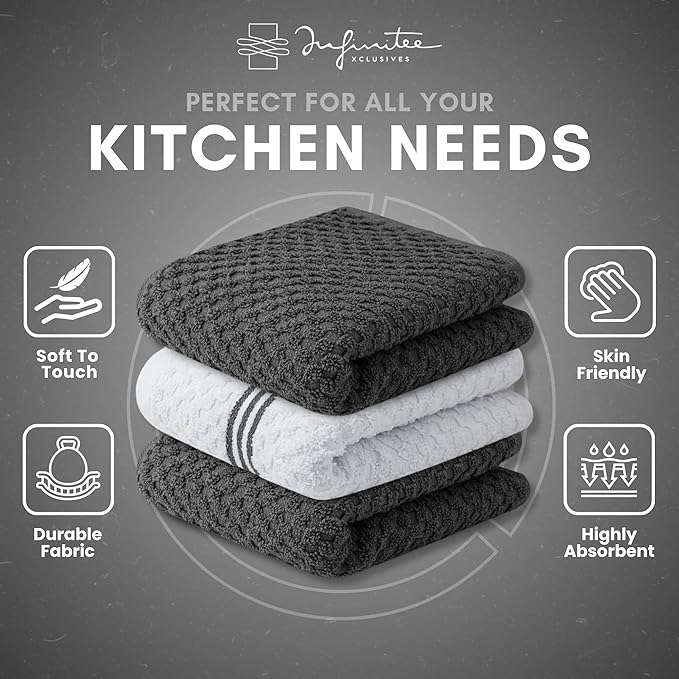 Infinitee Xclusives Premium Kitchen Towels – Pack of 3, 100% Cotton |15 x 25| Inches Absorbent Dish Towels - Terry Kitchen Dishcloth Towels - Grey Dish Cloth for Household Cleaning