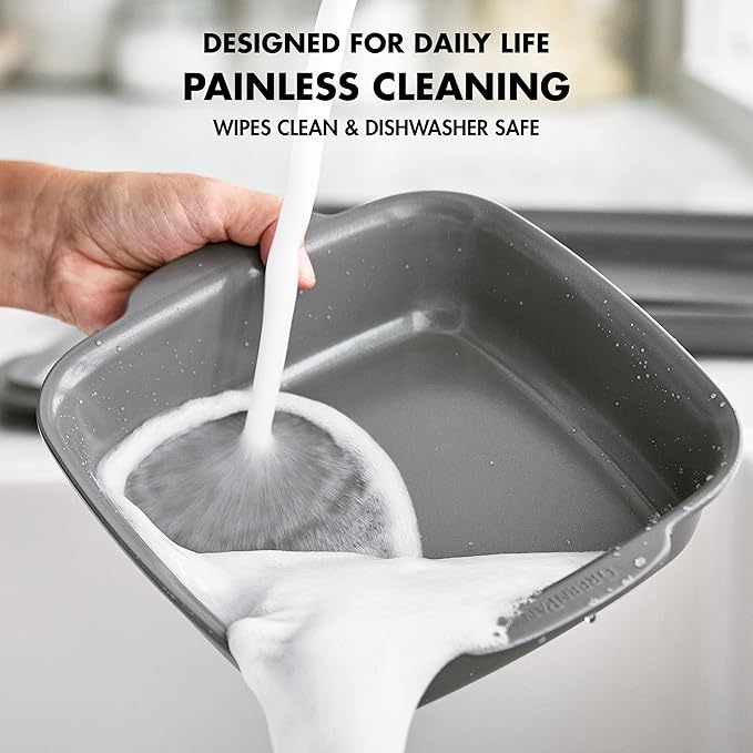 GreenPan Premiere Ovenware Healthy Ceramic Nonstick 8" Square Cake Baking Pan, Cast Aluminum Bakeware, Warp-Free, Oven and Broiler safe to 600F, Dishwasher Safe, PFAS-Free, Gray