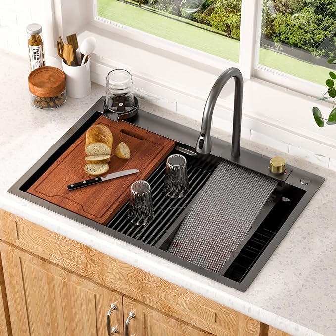 Lordear Black Waterfall Kitchen Sink Drop In 33x22 Smart Workstation Gunmetal Black 16 Gauge Single Bowl Topmount Handmade Sinks with Pull Out Faucet Glass Rinser