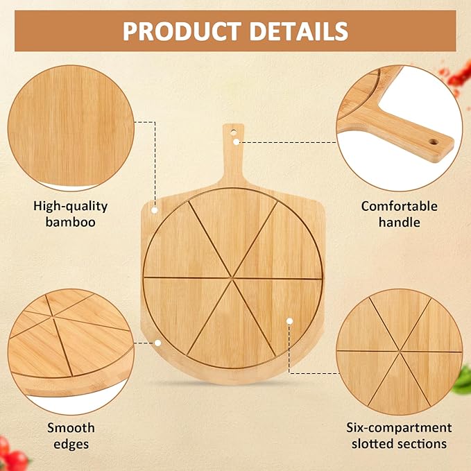 Wood Pizza Peel Rack with Spice Drawer,Includes 4 x 12 Inch Non-Stick Bamboo Pizza Boards with 6 Slice Grooves,Real Wood Pizza Paddle Stand for Making Pizza or Bread Pie