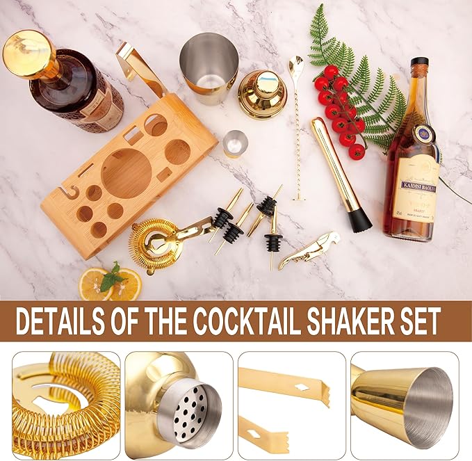 12Pcs-Cocktail Shaker Set Stainless Steel Bartending Kit 18.6oz Cocktail Bar Set Cocktail Mix Drink Making Kit Professional Bar and Home Drink Bar Tools for Bartender(Gold, 12Pcs)