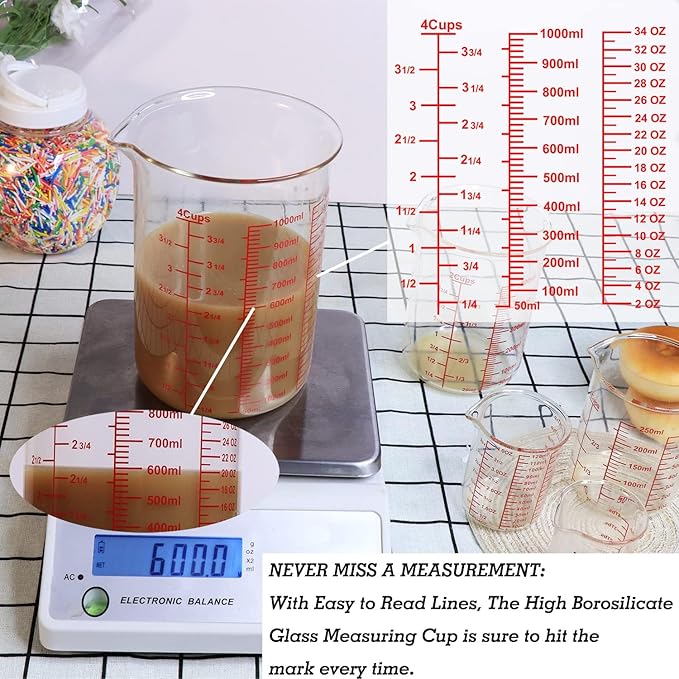 3 Piece Glass Measuring Cup Set, Includes 2-Cup, 4-Cup, and 8-Cup High Borosilicate Glasss Liquid Measuring Cups, Dishwasher, Freezer, Microwave, and Preheated Oven Safe, Essential Kitchen Tools