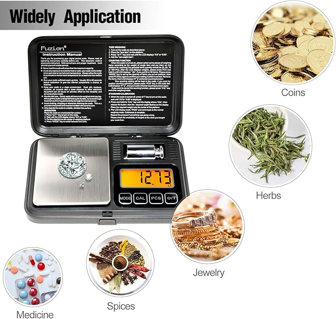 Fuzion Digital Pocket Scale 200g/0.01g, Scale Gram with LCD Display, Tare and PCS, Mini Digital Scale with 50g Calibration Weight for Jewelry, Coins, Powder, Herbs, Spices (Battery Included)