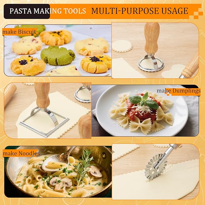 Pasta Making Tools, 10 PCS Pasta Making Kit with 1 Ravioli Maker,3 Rolling Pins,1 Gnocchi Board,1 Ravioli Cutter, 2 Pasta Stamps,1 Dough Cutter, 1 Baking Mat, for Pasta Maker And Kitchen DIY Gift