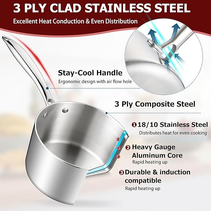 Homikit 3QT Saucepan with Lid, Tri-Ply Stainless Steel Sauce Pan, Induction Cooking Pot with Ergonomic Handle, Small Pot for Cooking, Warming Milk, Boiling Eggs, Dishwasher Safe
