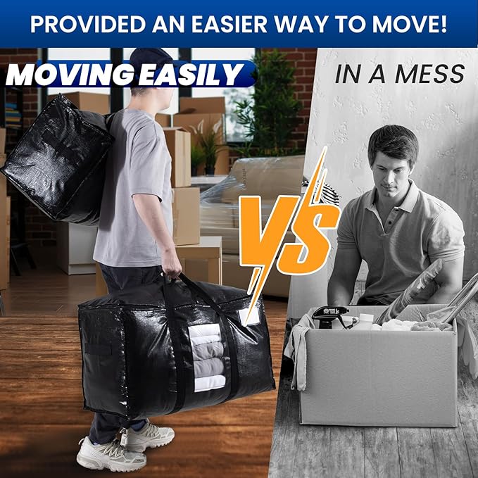 TAILI Extra Large Moving Bags, 12 Pack Black Heavy Duty Totes for Storage with Visible Window, Wrap Around Handles, Storage Bags for Space Saving, Alternative to Moving Boxes