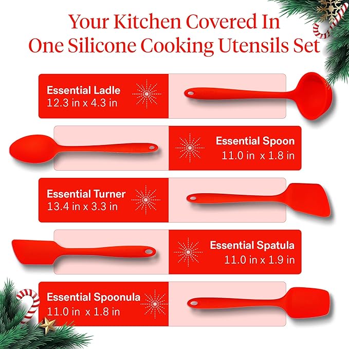 GIR: Get It Right 5-Piece Silicone Essentials Kitchen Utensils Set - Ladle, Spatula, Flip, Spoon & Spoonula - Non-Toxic Cooking Utensils for Nonstick Cookware, Cooking and Baking - Fire Red