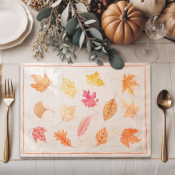 Maison d' Hermine Placemats Set of 4 100% Cotton Washable Cloth Place Mats, Reusable Table Mats for Thanksgiving Christmas Decorations Kitchen Dining Party Wedding (Colours of Autumn, 13" x 19")