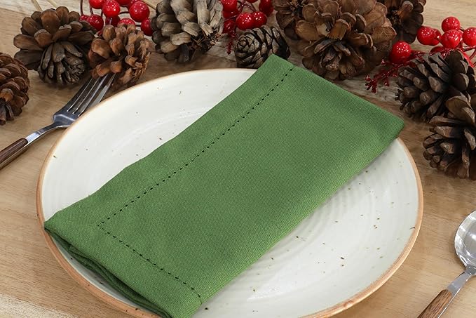 PurpleEssences Set of 12 Hemstitch Cloth Dinner Napkins 100% Cotton - Soft Durable Washable - Ideal for Wedding Christmas Holiday Winter - Perfect Everyday Use Table Linen 18x18 - Sage Green
