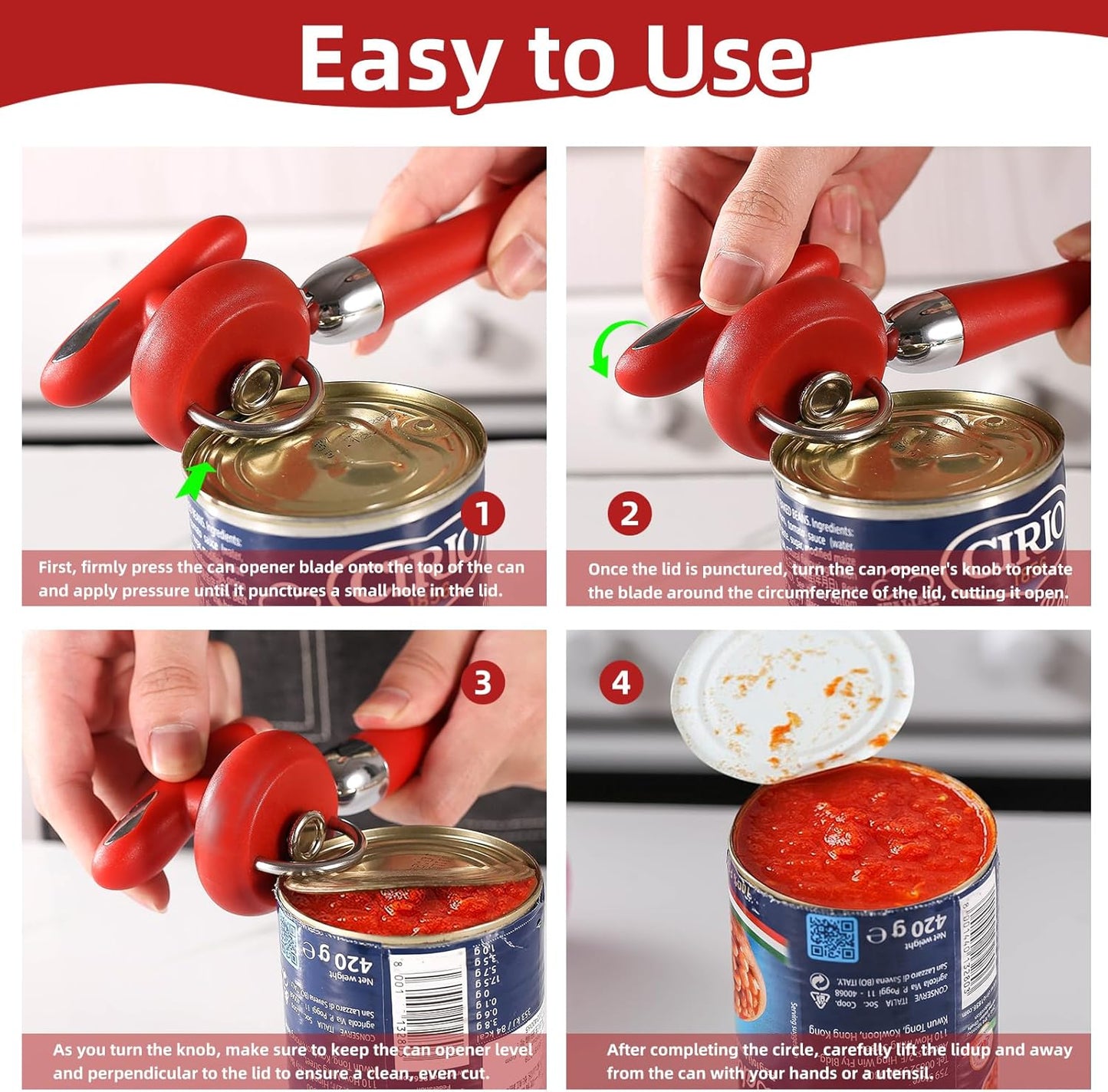 Can Opener Manual Tin Opener Stainless Steel Heavy Duty, Oversized Hand-held Easy Rotary Knob, Safe Cut Manual Can Opener with Non-Slip Handle, Smoother Cut Sharp Blade for Seniors Kitchen Tool, Red