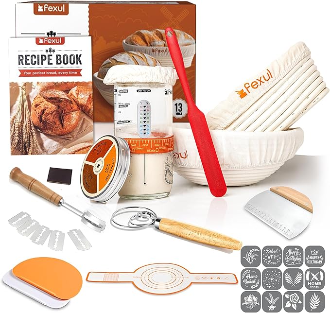 Sourdough Starter Kit with 9” Round & 10” Oval Banneton Bread Proofing Baskets, 24oz Starter Jar, Recipe Book & Tools – Complete Sourdough Bread Baking Supplies with Whisk, Scraper & Accessories
