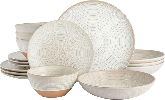 Gibson Elite 16 Piece Dreamweaver Double Bowl Terracotta Reactive Dinnerware Set - Sand Cream, Service for 4 (16pcs)