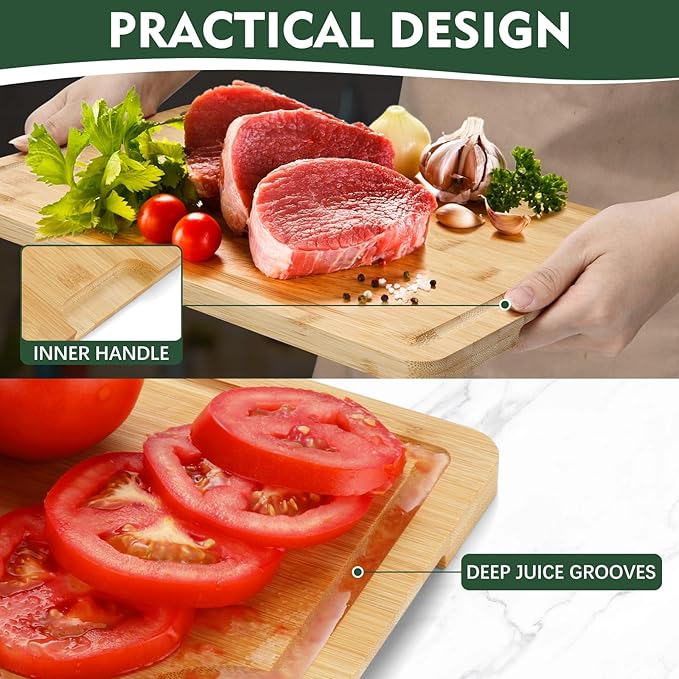 Unokit 3PCS Bamboo Cutting Boards Set - Large Natural Wooden Cutting Boards with Juice Groove & Built-in Handles，Ideal Charcuterie & Chopping for Meat, Vegetables, Dishwasher Safe