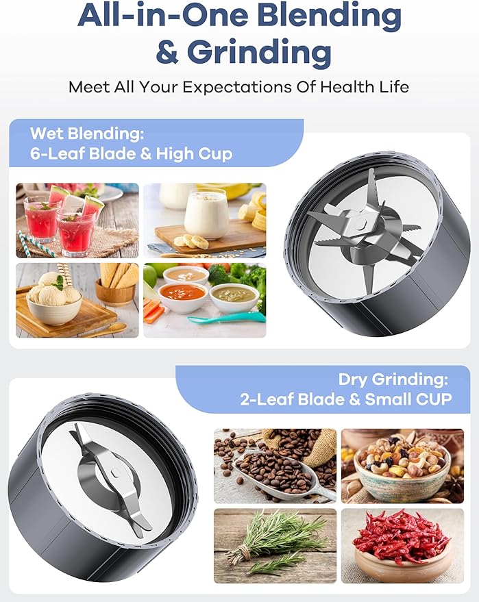 Ganiza Smoothie Blenders, Blenders for Shakes and Smoothie, 15-Piece Personal Blender and Grinder Combo for Kitchen, Smoothies Maker with 4 BPA-Free Portable Blender Cup, Nutritious Recipe, Grey