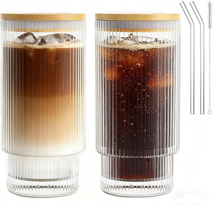 16OZ Ribbed Glass Cups with Lids and Straws,Iced Coffee Cups with Bamboo Lid,Vintage Glassware for Whiskey Cocktail Beer Fruit Juice Glasses Tumbler(2 Pack)