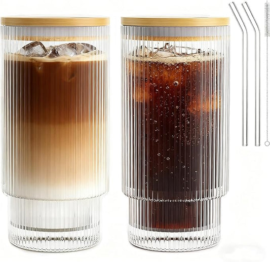 16OZ Ribbed Glass Cups with Lids and Straws,Iced Coffee Cups with Bamboo Lid,Vintage Glassware for Whiskey Cocktail Beer Fruit Juice Glasses Tumbler(2 Pack)