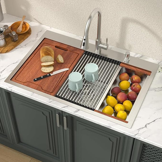 Lordear 33 Drop In Kitchen Sinks Worktation - 33x19 Drop Kitchen Sink 16 Gauge 304 Stainless Steel Single Bowl Over Counter Handmade Sink Basin With Built-in Accessories