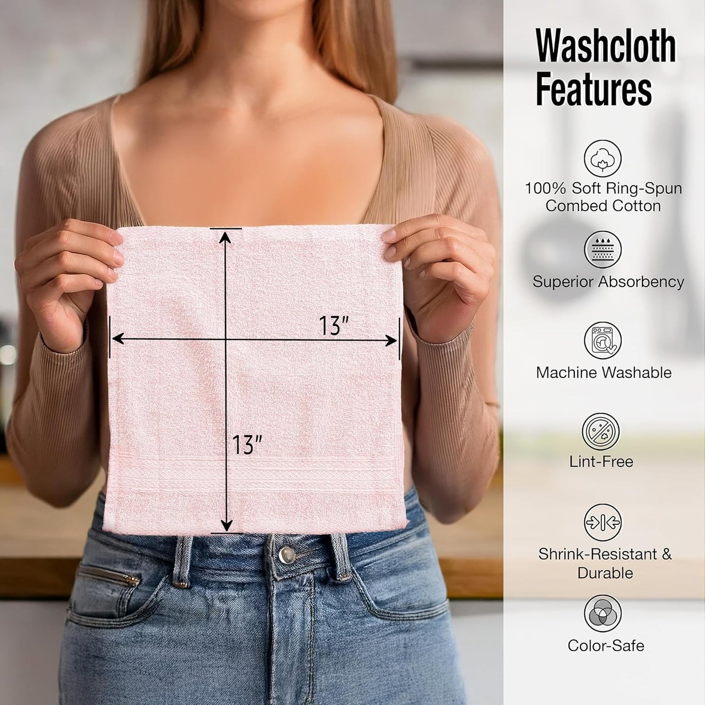 Luxurious Washcloths – Set of 12 – Size 13” x 13” – Thick Loop Pile Washcloth – Absorbent and Soft 100% Ring-Spun Cotton Wash Cloth – Lint Free Face Towel – Wash Cloths Perfect for Bathroom