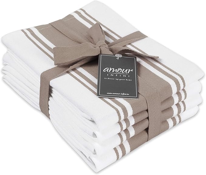 AMOUR INFINI Kitchen Towels 100% Cotton Pack of 4, Highly Absorbent Quick Drying Premium Striped Dish Towel for Kitchen with Hanging Loop Hand & Tea Towels (Beige)