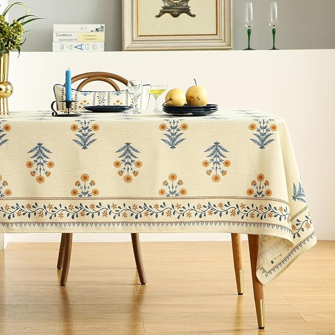 French Tablecloth for Rectangle Tables,Linen Table Cloth with Yellow Flowers and Leavs Pattern,Heavy Durable Table Cover for Dining Thanksgiving Kitchen Decor Party Christmas,55"*87"