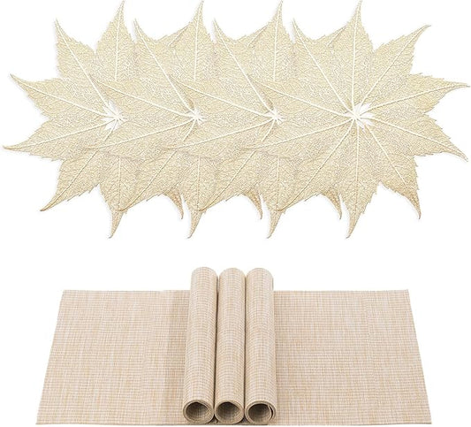 BACKTOEDEN Placemats Set of 4 Heat Resistant Washable Wipeable Placemat Woven Non-Slip Foldable Vinyl/Plastic Place Mats Indoor/Outdoor Mat Kitchen Dining Table Pad, Gold Maple Leaf & Beige