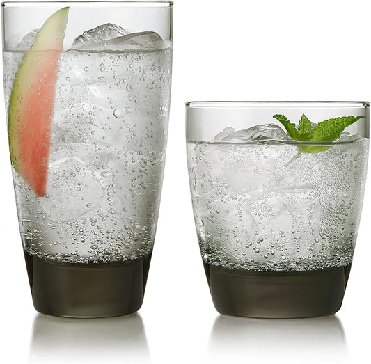Libbey Classic Rocks and Tumbler Glasses Set of 16, Smoke Hue, Lead-Free Water Glasses, Dishwasher Safe Drinking Glasses Set