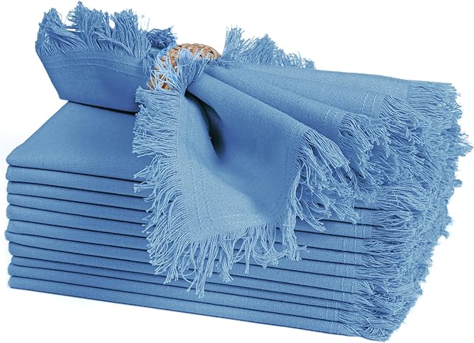 Bedding Craft Cotton Cloth Dinner Napkins Set of 12 – 18x18 Light Blue with Frayed Selvedge Edges – Machine Washable Fabric Napkins for Weddings, Baby Showers, Parties & Dining