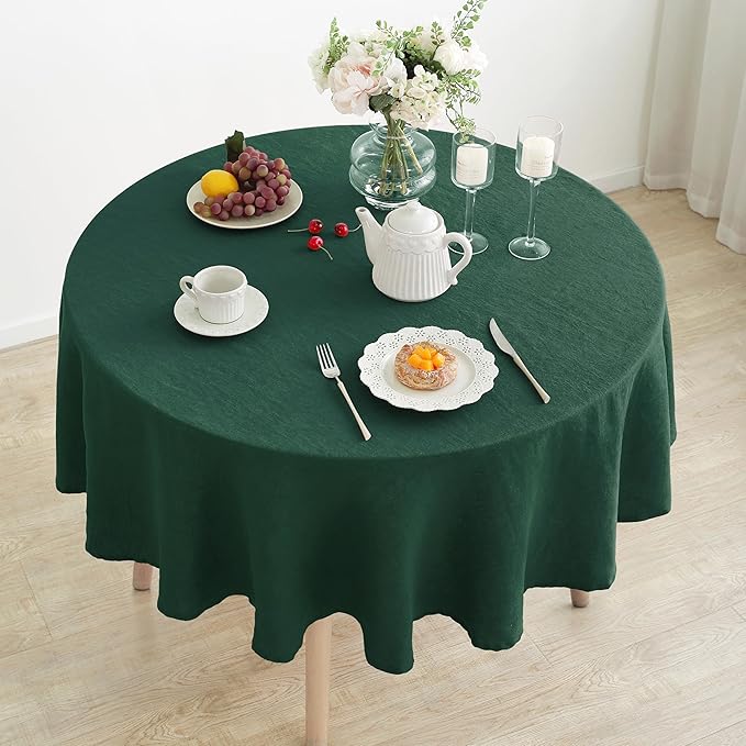 Linen World Green Linen Tablecloth - 100% French Linen Round Tablecloth 90" Inch, Washable Natural Table Cloth for Dining, Outdoor, Weddings and Restaurants, Decorative Thanksgiving Christmas