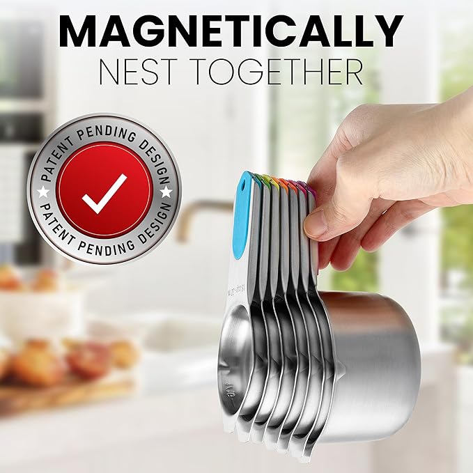 Spring Chef Magnetic Stainless Steel Measuring Cups, Patented, Kitchen Tools with Easy to Read Markings for Measuring Dry or Liquid Ingredients, Set of 7, Neon