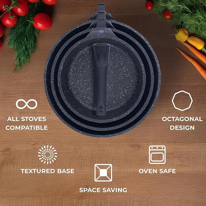 GIPFEL INTERNATIONAL 8, 10 and 12 Inch Nonstick Frying Pan Set of 3 - Cast Aluminum Pan with Detachable Handle - Non Stick Skillet Healthy Cooking Pans Induction Compatible Cookware, PFOA Free