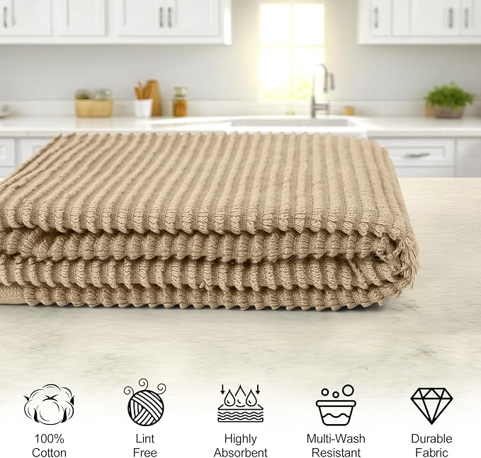 Homaxy Premium Kitchen Towels (18"x 28", 8 Pack), Large 100% Cotton Kitchen Hand Towels, Ultra Absorbent Ribbed Terry Tea Towels Set with Hanging Loop, Khaki