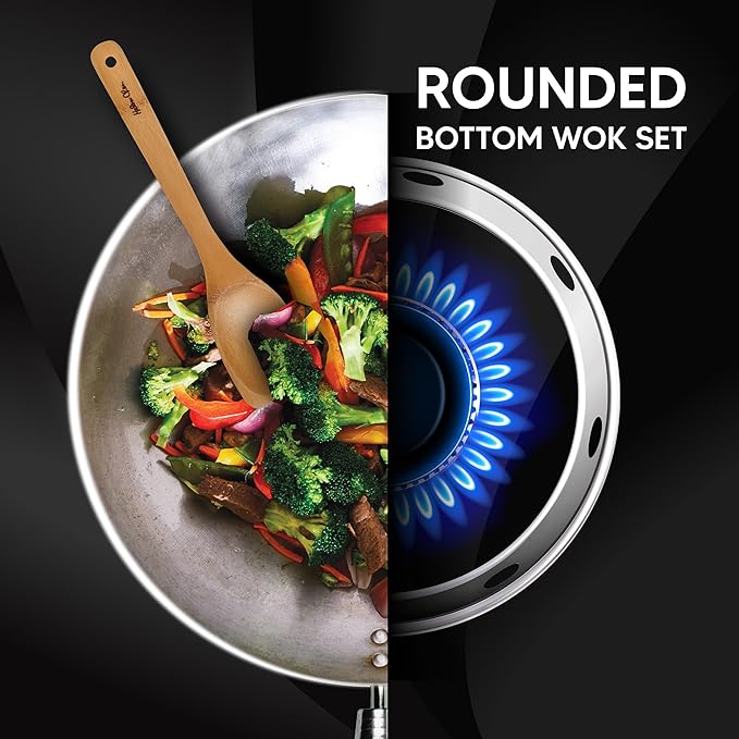 Helen's Asian Kitchen Round Bottom Wok Set, Carbon Steel and Bamboo, 12-Inches, 4-Piece Set