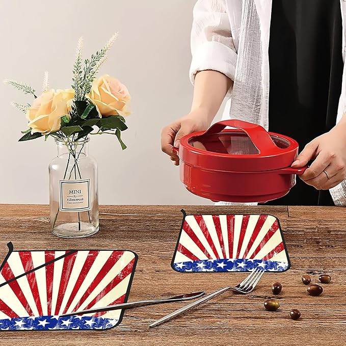 4th of July Grunge American Flag Pot Holders Set of 2 Oven Hot Pads Pot Holders for Cooking Baking BBQ Gifts for Women