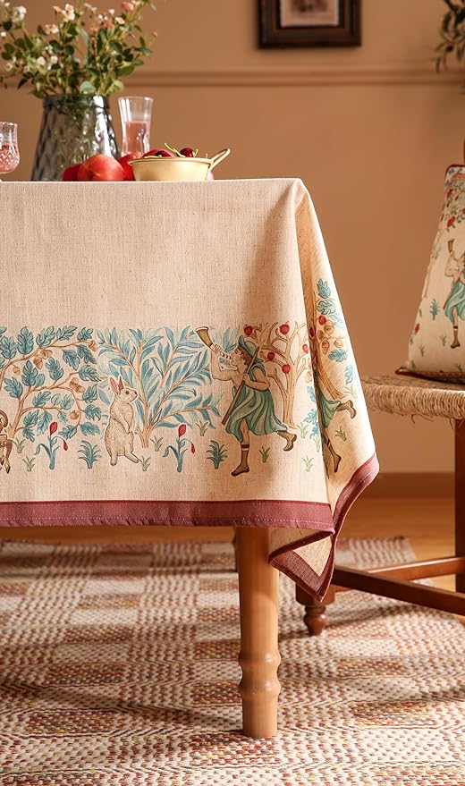 patdrea Designer Beige Tablecloth for Rectangle Tables,Vintage Elegant French Linen with Trees and Kids Pattern Table Cloth,Farmhouse Table Cover Cloth Decor for Kitchen Dining Christmas,55"*87"