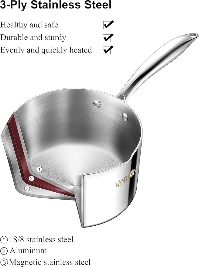VENTION Tri-Ply Stainless Steel 1 Quart Saucepan with Lid, Bright Small Sauce Pan with Pour Spout, Small Pots for Cooking, Right Hand