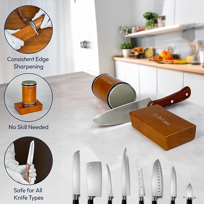 ELOA360 Knife Sharpener, Rolling Knife Sharpener Kit with Diamond and Ceramic Discs with 15° and 20° Magnetic Angle, kitchen knife sharpener, Razor-Sharp knife sharpening Tool