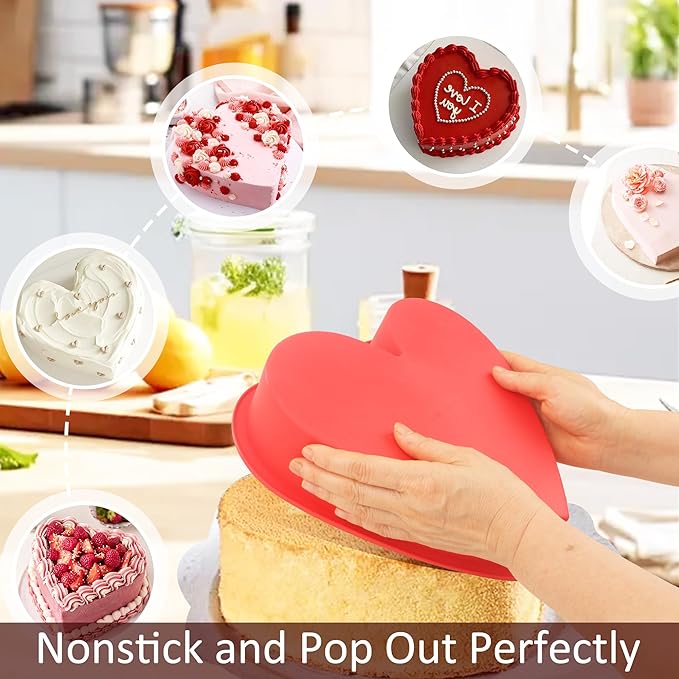 MILIVIXAY 2PCS Heart Shaped Cake Pans, 10 Inch Cake Mold, Red, Thick Style, Completely Non Stick, Food Grade Silicone, Easy To Store and Wash, Microwave, Freezer and Oven Safe.